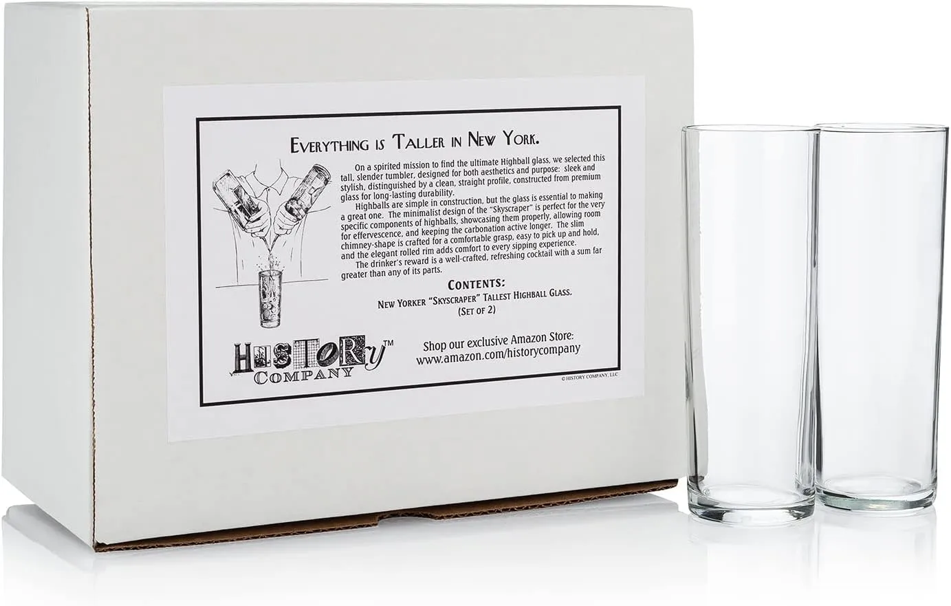 HISTORY COMPANY New York Skyscraper-Inspired Collins-Style Highball Glass 2-Piece Set for Tall Drinks and Coolers (Gift Box Collection)