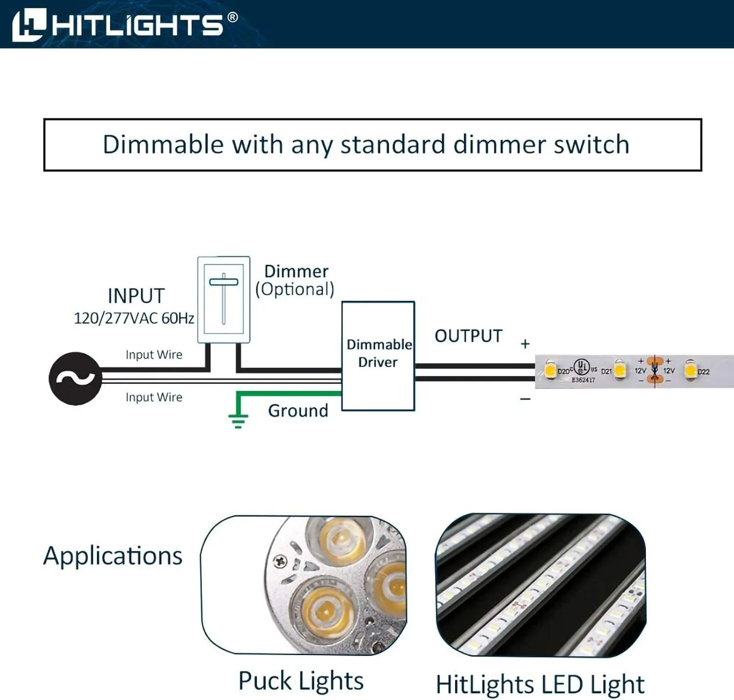 HitLights Dimmable LED Driver Transformer 12V 40W, Magnetic Power Supply 120VAC to 12VDC, Compatible with Lutron and Leviton dimmers, for LED Strip Light, Kitchen, Cabinet, Class 2, ETL Listed