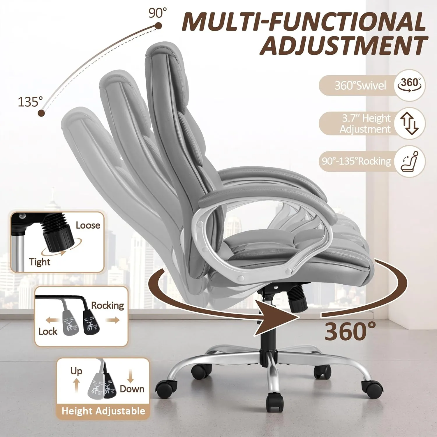 Homall Office Chair High Back Computer Chair Desk Chair, PU Leather Adjustable Height Modern Executive Swivel Task Chair with Padded Armrests and Lumbar Support (Gray)