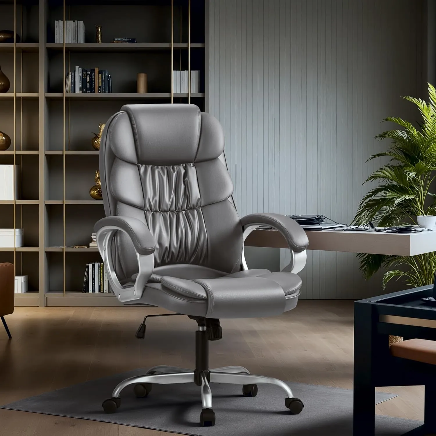 Homall Office Chair High Back Computer Chair Desk Chair, PU Leather Adjustable Height Modern Executive Swivel Task Chair with Padded Armrests and Lumbar Support (Gray)