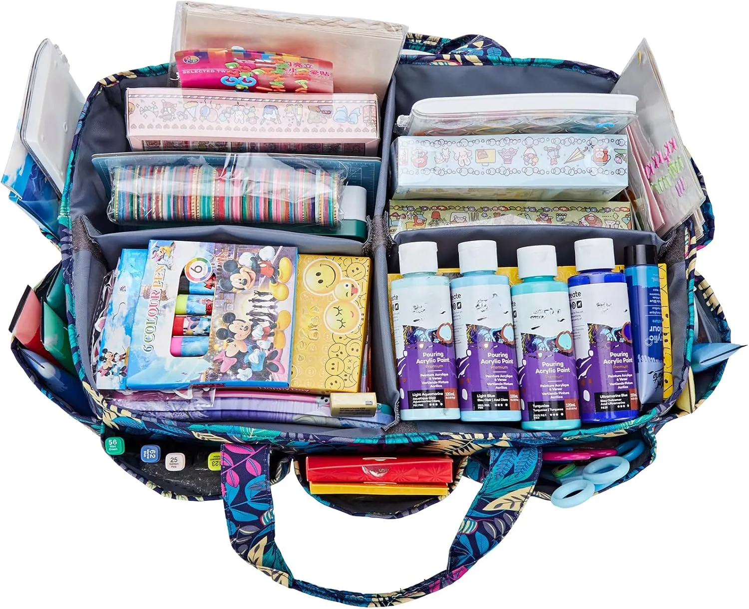 HOMEST Craft Organizer Tote Bag with Multiple Pockets, Storage Art Caddy for Scrapbooking, Crafts Supply Carrier for Tools, Floral