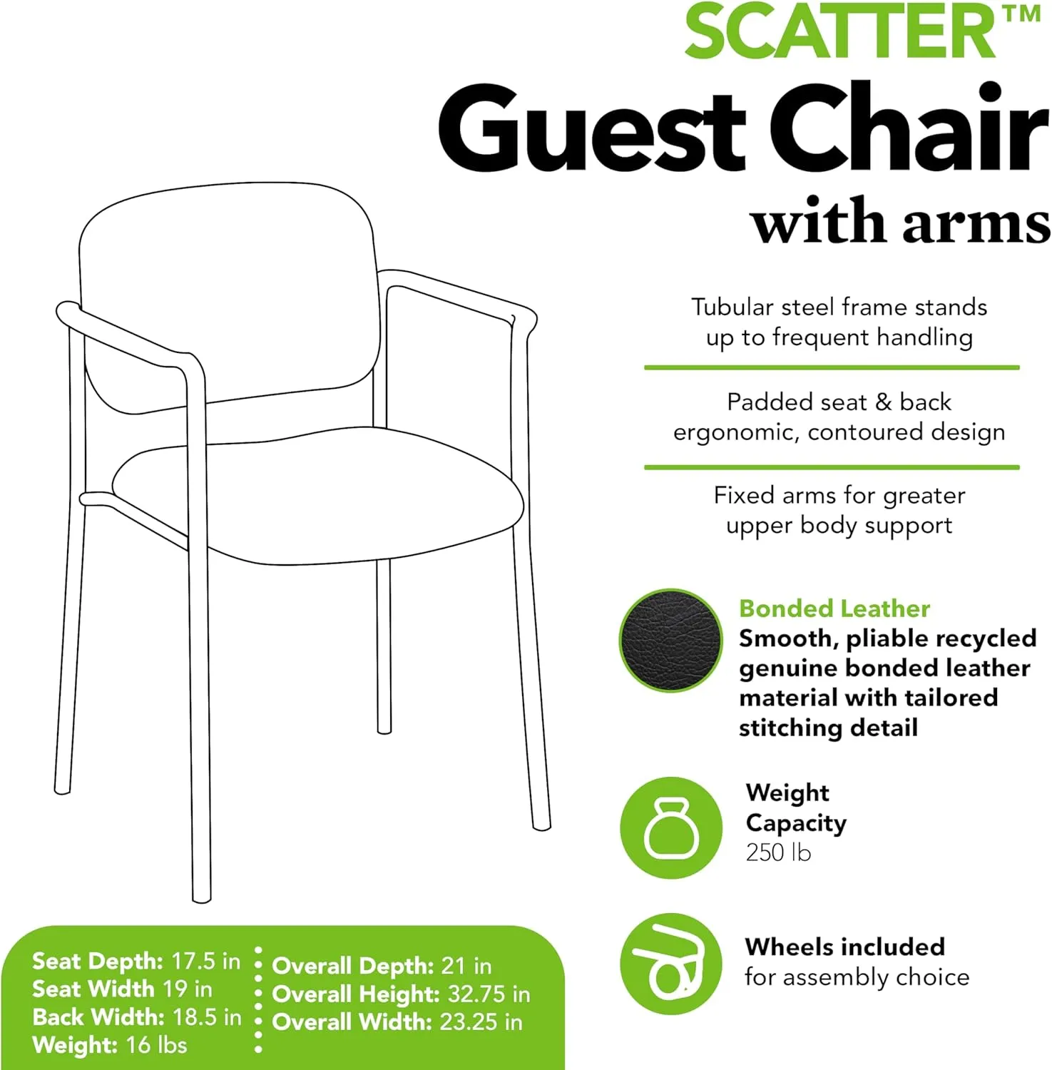 HON Scatter Guest Chair with Arms, Leather Chair, Lobby Chairs, Stackable Chairs, Black
