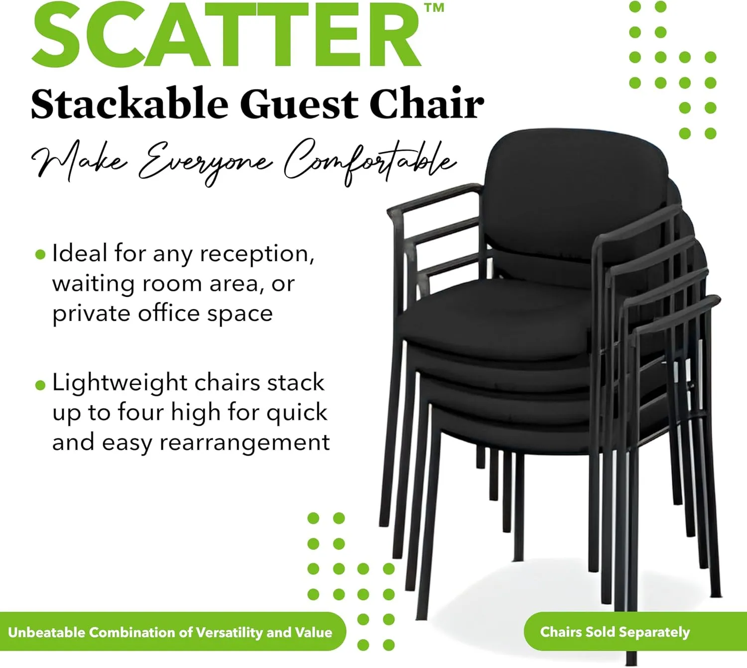 HON Scatter Guest Chair with Arms, Leather Chair, Lobby Chairs, Stackable Chairs, Black