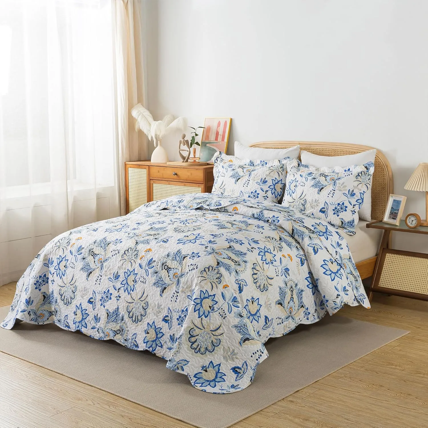 HoneiLife King Quilt Bedding Set - 3 Pieces Floral Quilt Microfiber Quilt Sets Lightweight Bedspreads Reversible Coverlets Retro Bed Cover Wildflower Quilts All Season Use
