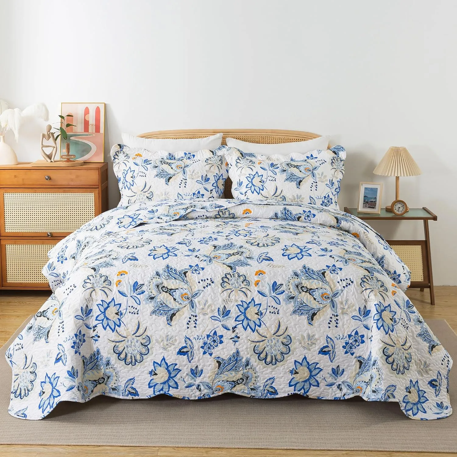 HoneiLife King Quilt Bedding Set - 3 Pieces Floral Quilt Microfiber Quilt Sets Lightweight Bedspreads Reversible Coverlets Retro Bed Cover Wildflower Quilts All Season Use