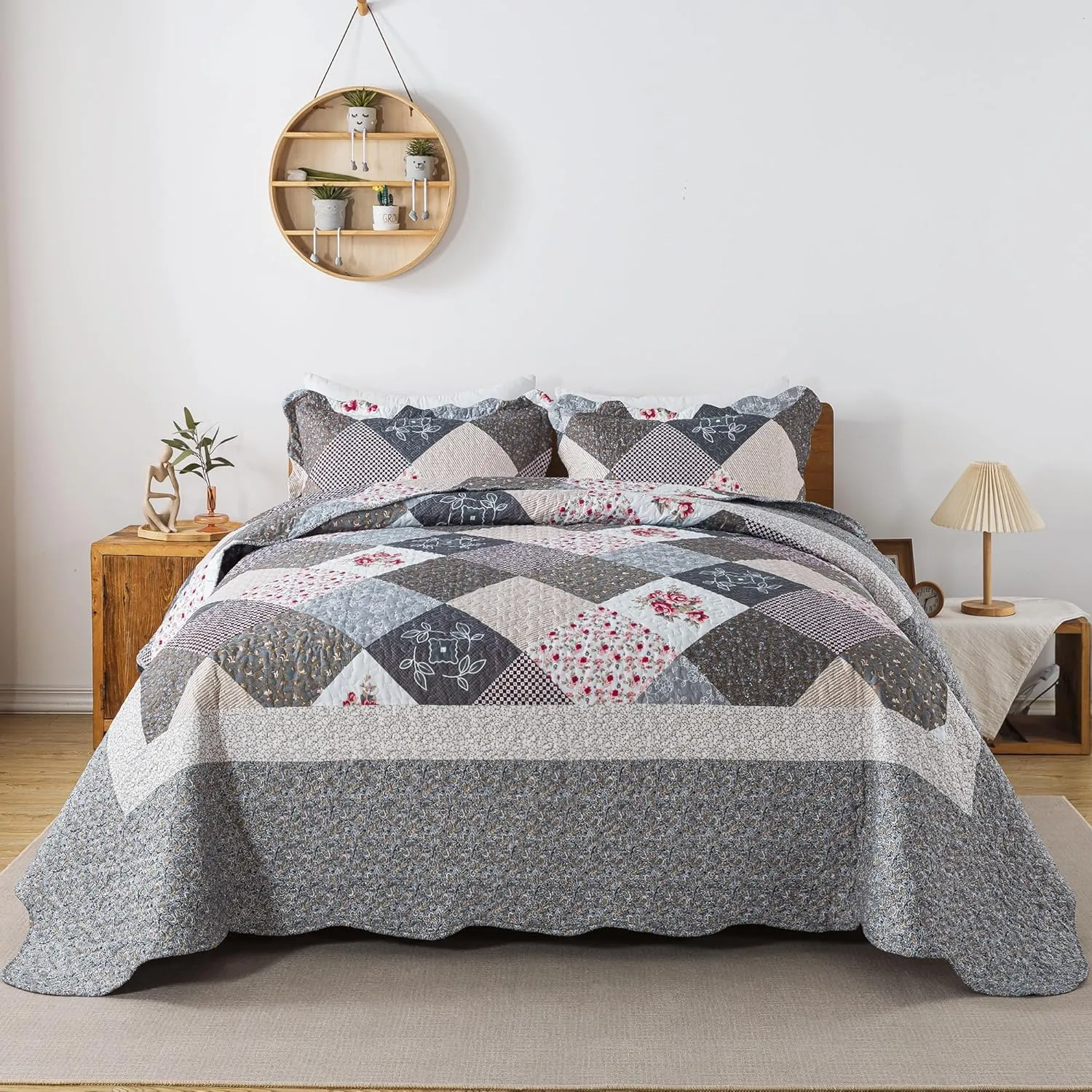 HoneiLife King Quilt Bedding Set - 3 Pieces Microfiber Quilt Sets Lightweight Bedspreads Reversible Coverlets Retro Bed Cover Quilt King Size All Season Quilts-Grey