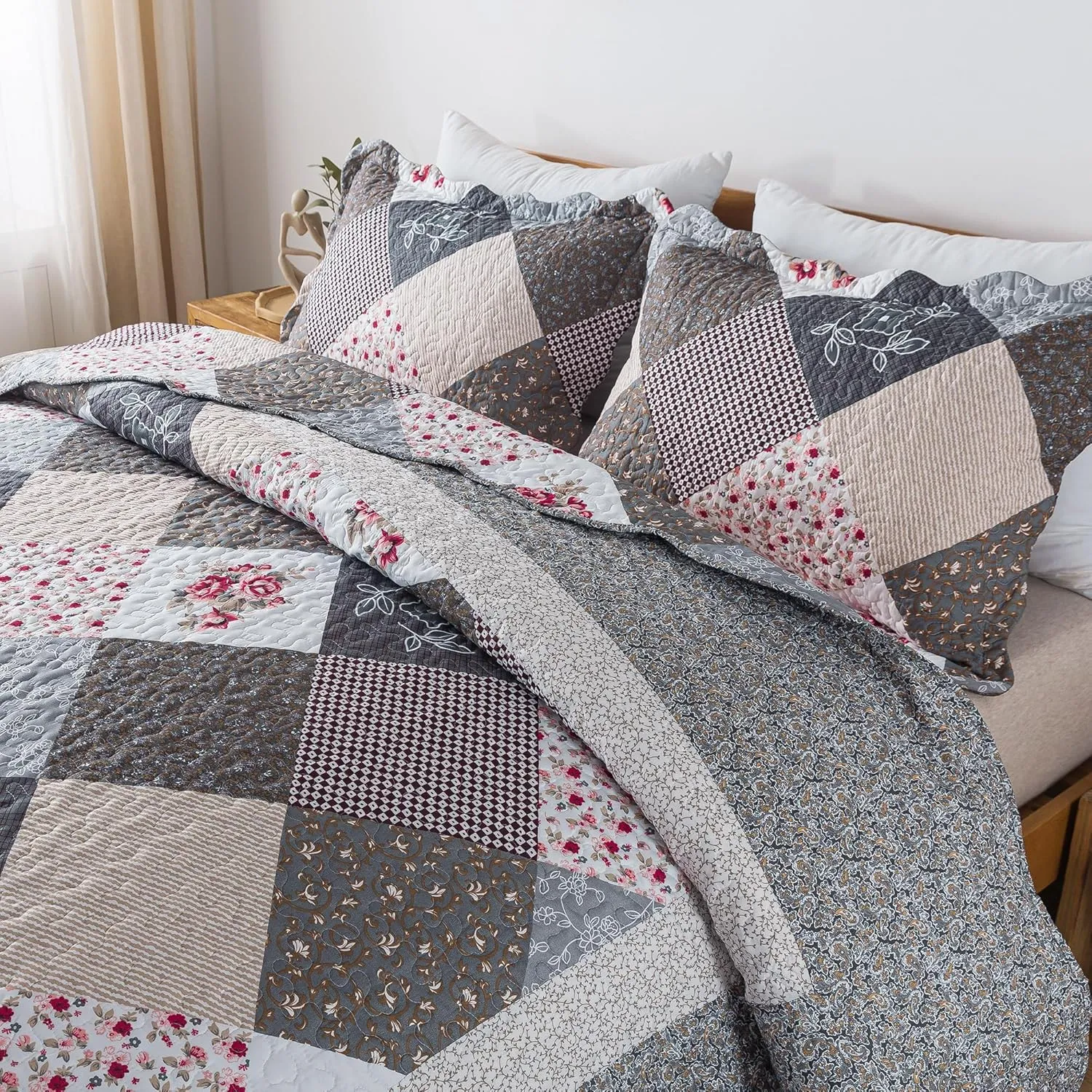 HoneiLife King Quilt Bedding Set - 3 Pieces Microfiber Quilt Sets Lightweight Bedspreads Reversible Coverlets Retro Bed Cover Quilt King Size All Season Quilts-Grey