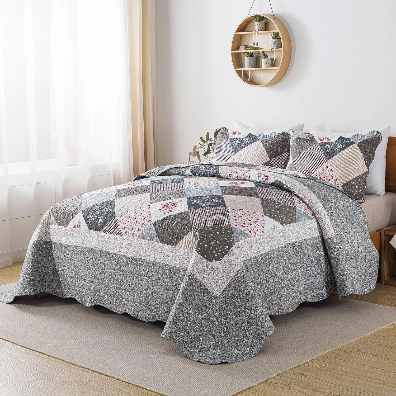 HoneiLife King Quilt Bedding Set - 3 Pieces Microfiber Quilt Sets Lightweight Bedspreads Reversible Coverlets Retro Bed Cover Quilt King Size All Season Quilts-Grey