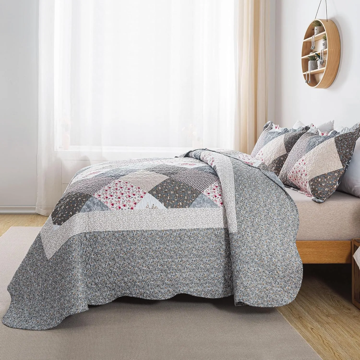HoneiLife King Quilt Bedding Set - 3 Pieces Microfiber Quilt Sets Lightweight Bedspreads Reversible Coverlets Retro Bed Cover Quilt King Size All Season Quilts-Grey