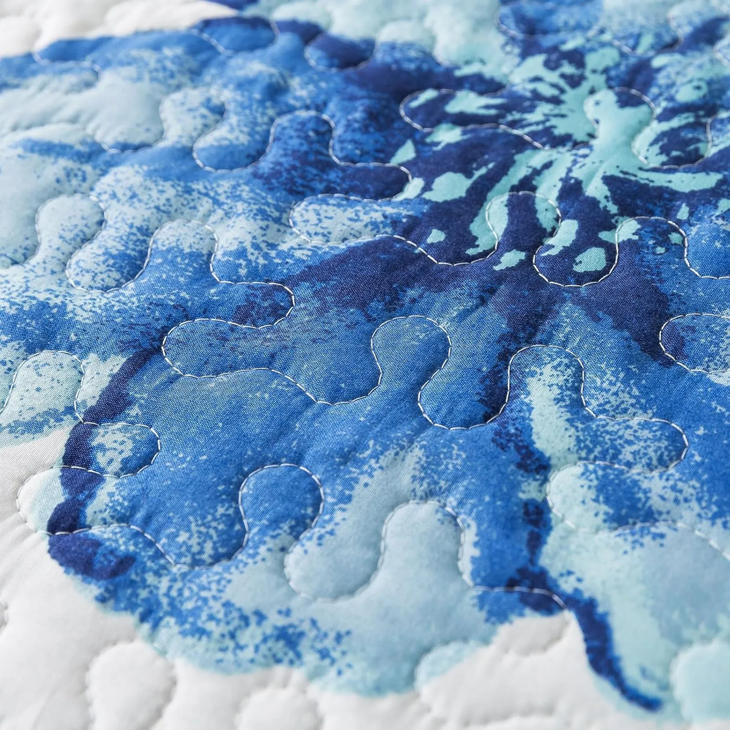 HoneiLife Quilt Sets King Size - 3 Piece Microfiber Quilts Reversible Bedspreads Print Coverlets Floral Bedding Set All Season Bedcover- Splash-Ink Painting,Blue & Cyan