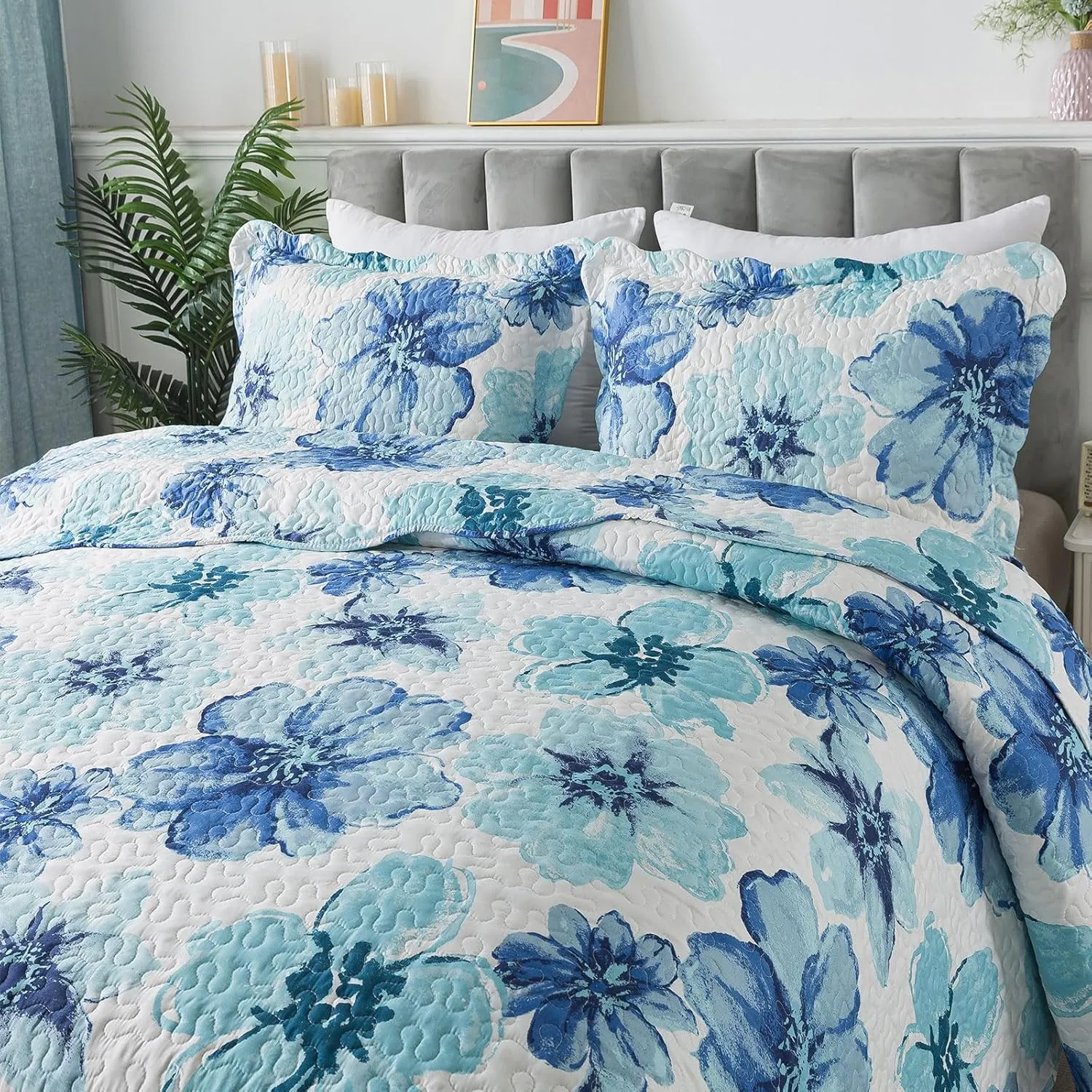 HoneiLife Quilt Sets King Size - 3 Piece Microfiber Quilts Reversible Bedspreads Print Coverlets Floral Bedding Set All Season Bedcover- Splash-Ink Painting,Blue & Cyan