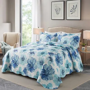 HoneiLife Quilt Sets King Size - 3 Piece Microfiber Quilts Reversible Bedspreads Print Coverlets Floral Bedding Set All Season Bedcover- Splash-Ink Painting,Blue & Cyan