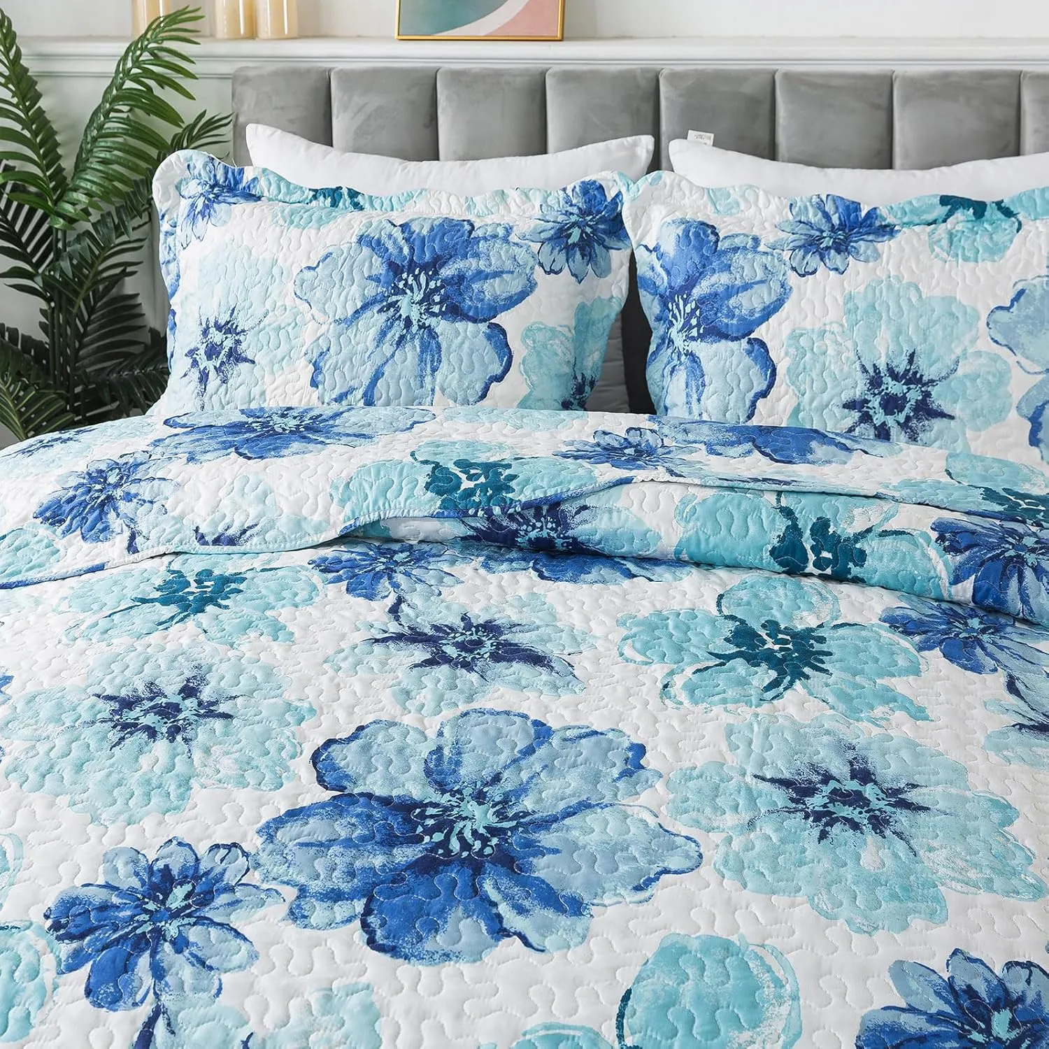 HoneiLife Quilt Sets King Size - 3 Piece Microfiber Quilts Reversible Bedspreads Print Coverlets Floral Bedding Set All Season Bedcover- Splash-Ink Painting,Blue & Cyan