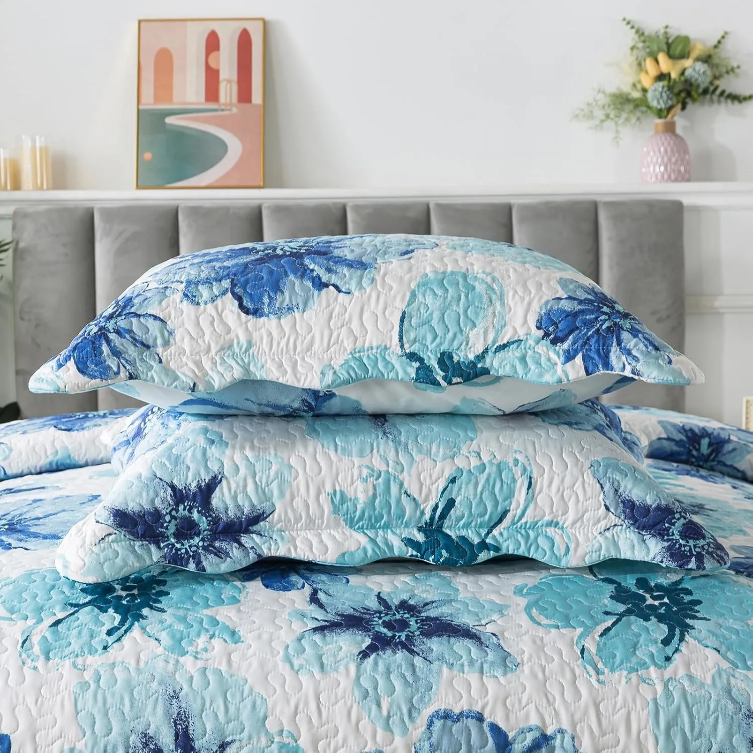 HoneiLife Quilt Sets King Size - 3 Piece Microfiber Quilts Reversible Bedspreads Print Coverlets Floral Bedding Set All Season Bedcover- Splash-Ink Painting,Blue & Cyan