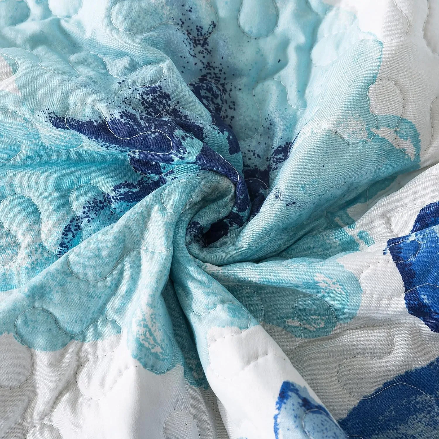 HoneiLife Quilt Sets King Size - 3 Piece Microfiber Quilts Reversible Bedspreads Print Coverlets Floral Bedding Set All Season Bedcover- Splash-Ink Painting,Blue & Cyan