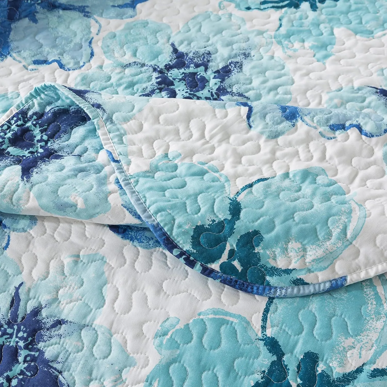 HoneiLife Quilt Sets King Size - 3 Piece Microfiber Quilts Reversible Bedspreads Print Coverlets Floral Bedding Set All Season Bedcover- Splash-Ink Painting,Blue & Cyan