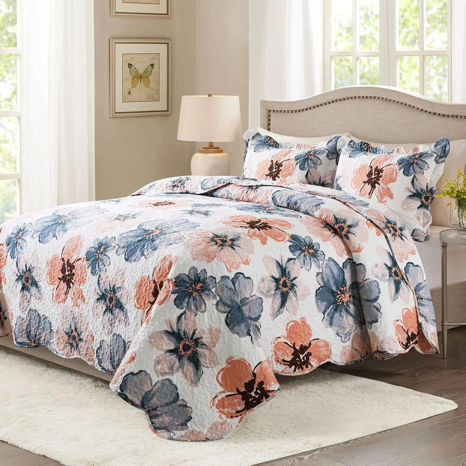 HoneiLife Quilt Sets King Size - 3 Piece Microfiber Quilts Reversible Bedspreads Print Coverlets Floral Bedding Set All Season Bedcover- Splash-Ink Painting,Blue & Pink