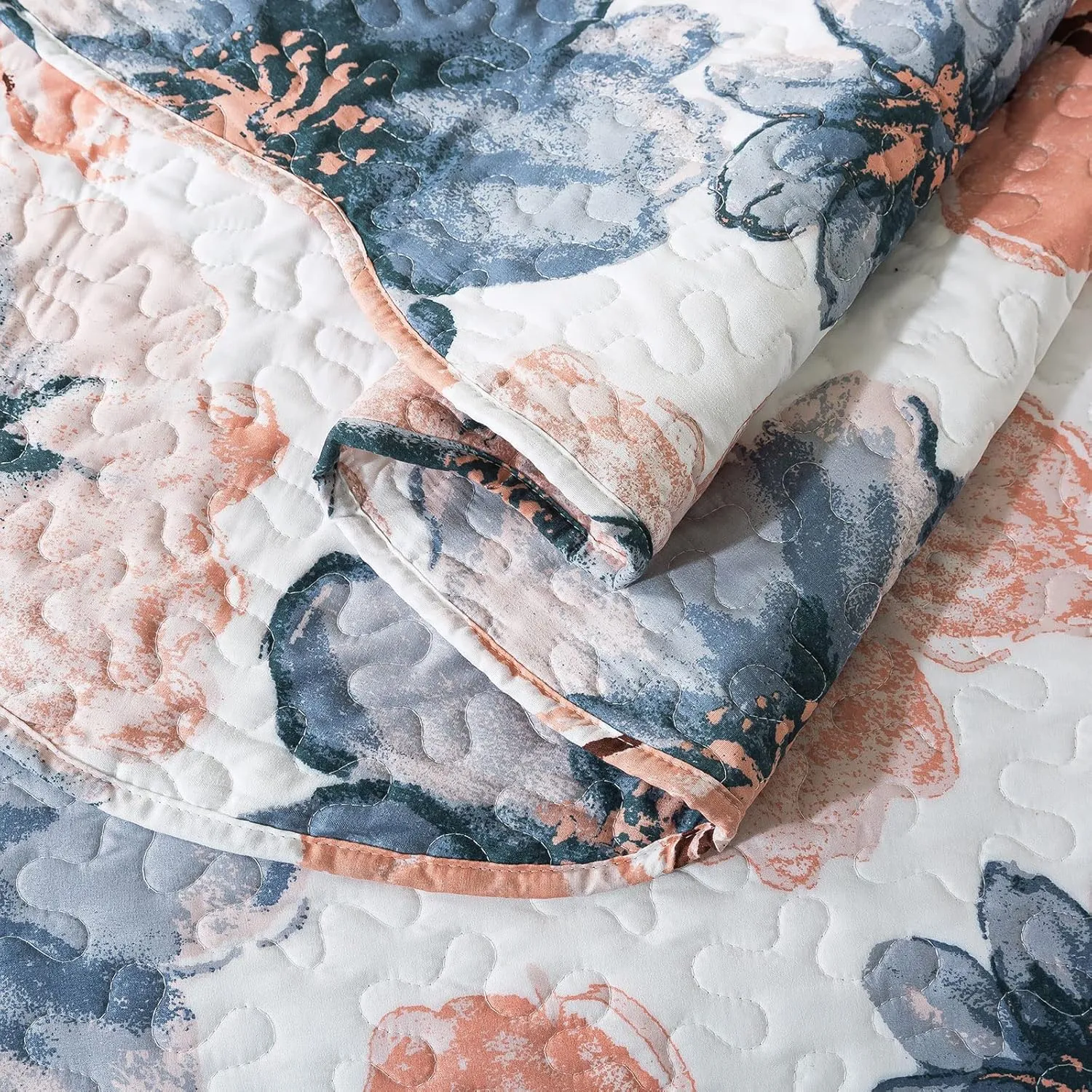 HoneiLife Quilt Sets King Size - 3 Piece Microfiber Quilts Reversible Bedspreads Print Coverlets Floral Bedding Set All Season Bedcover- Splash-Ink Painting,Blue & Pink