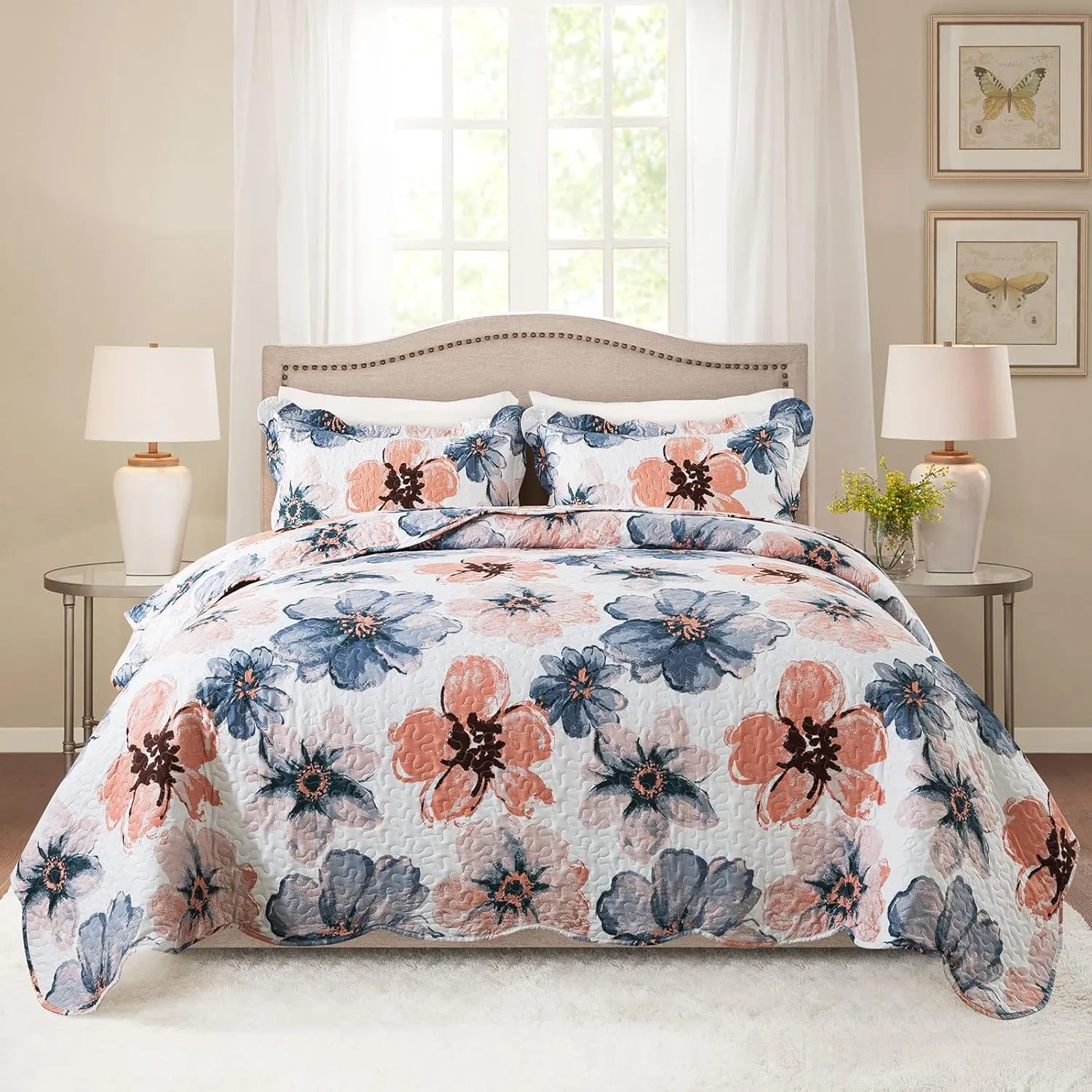 HoneiLife Quilt Sets King Size - 3 Piece Microfiber Quilts Reversible Bedspreads Print Coverlets Floral Bedding Set All Season Bedcover- Splash-Ink Painting,Blue & Pink