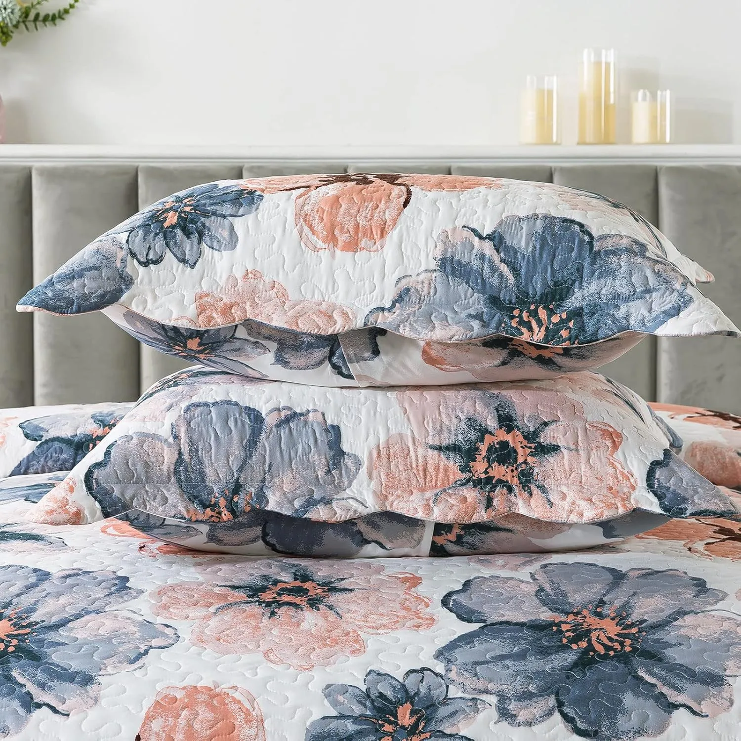 HoneiLife Quilt Sets King Size - 3 Piece Microfiber Quilts Reversible Bedspreads Print Coverlets Floral Bedding Set All Season Bedcover- Splash-Ink Painting,Blue & Pink