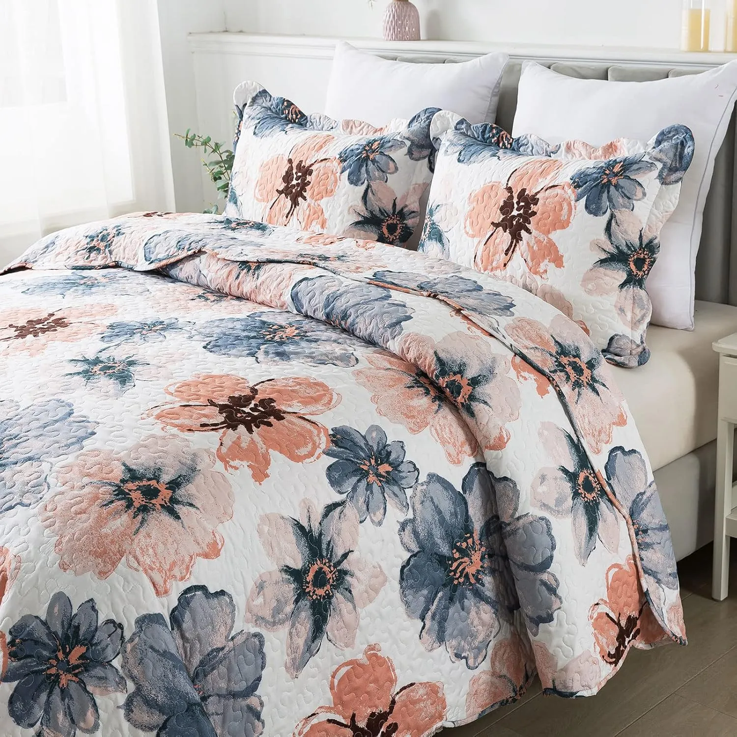 HoneiLife Quilt Sets King Size - 3 Piece Microfiber Quilts Reversible Bedspreads Print Coverlets Floral Bedding Set All Season Bedcover- Splash-Ink Painting,Blue & Pink