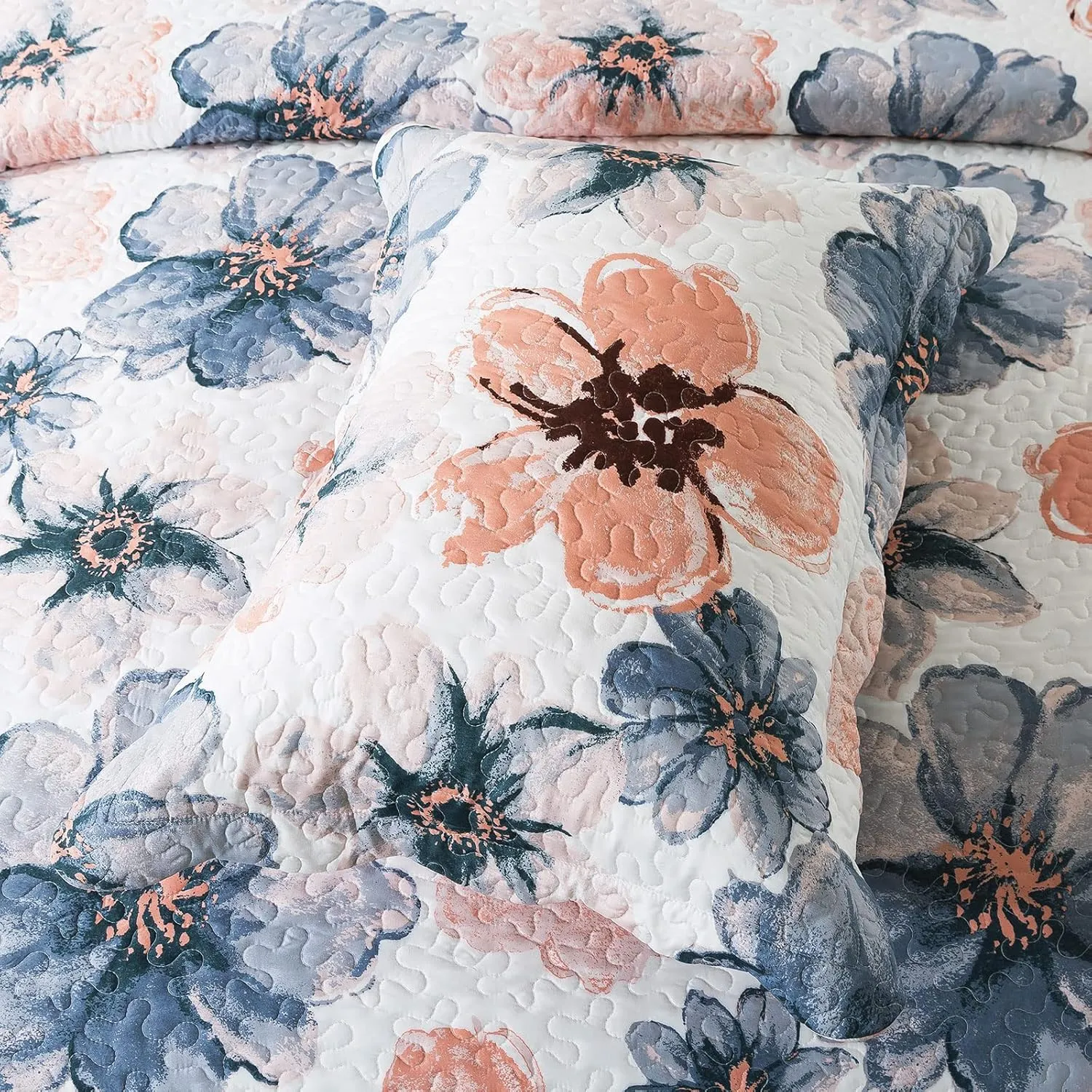 HoneiLife Quilt Sets King Size - 3 Piece Microfiber Quilts Reversible Bedspreads Print Coverlets Floral Bedding Set All Season Bedcover- Splash-Ink Painting,Blue & Pink