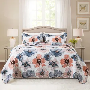 HoneiLife Quilt Sets King Size - 3 Piece Microfiber Quilts Reversible Bedspreads Print Coverlets Floral Bedding Set All Season Bedcover- Splash-Ink Painting,Blue & Pink