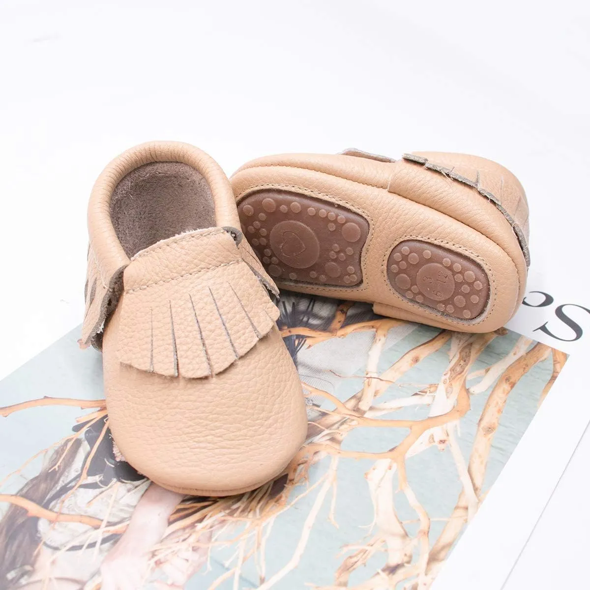 HONGTEYA Leather Baby Moccasins Hard Soled Tassel Crib Toddler Shoes for Boys and Girls…