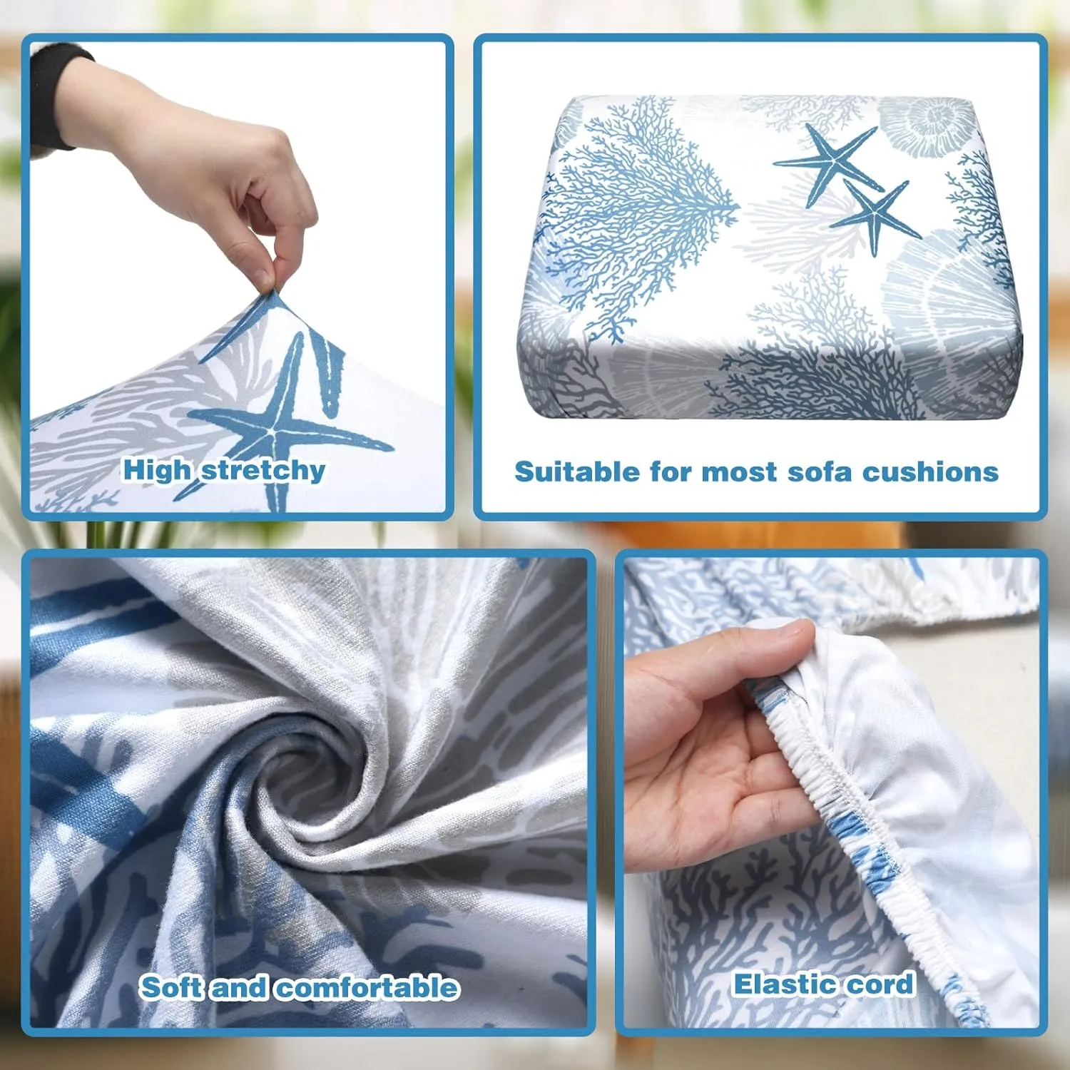 Hosuly 8 Pcs Summer Sofa Cushion Cover Patio Stretch Beach Outdoor Seat Cushions Covers Starfish Seashell Coral Replacement Couch Slipcovers Coastal Sofa Seat Cover Flexibility Chair Cushion Cover