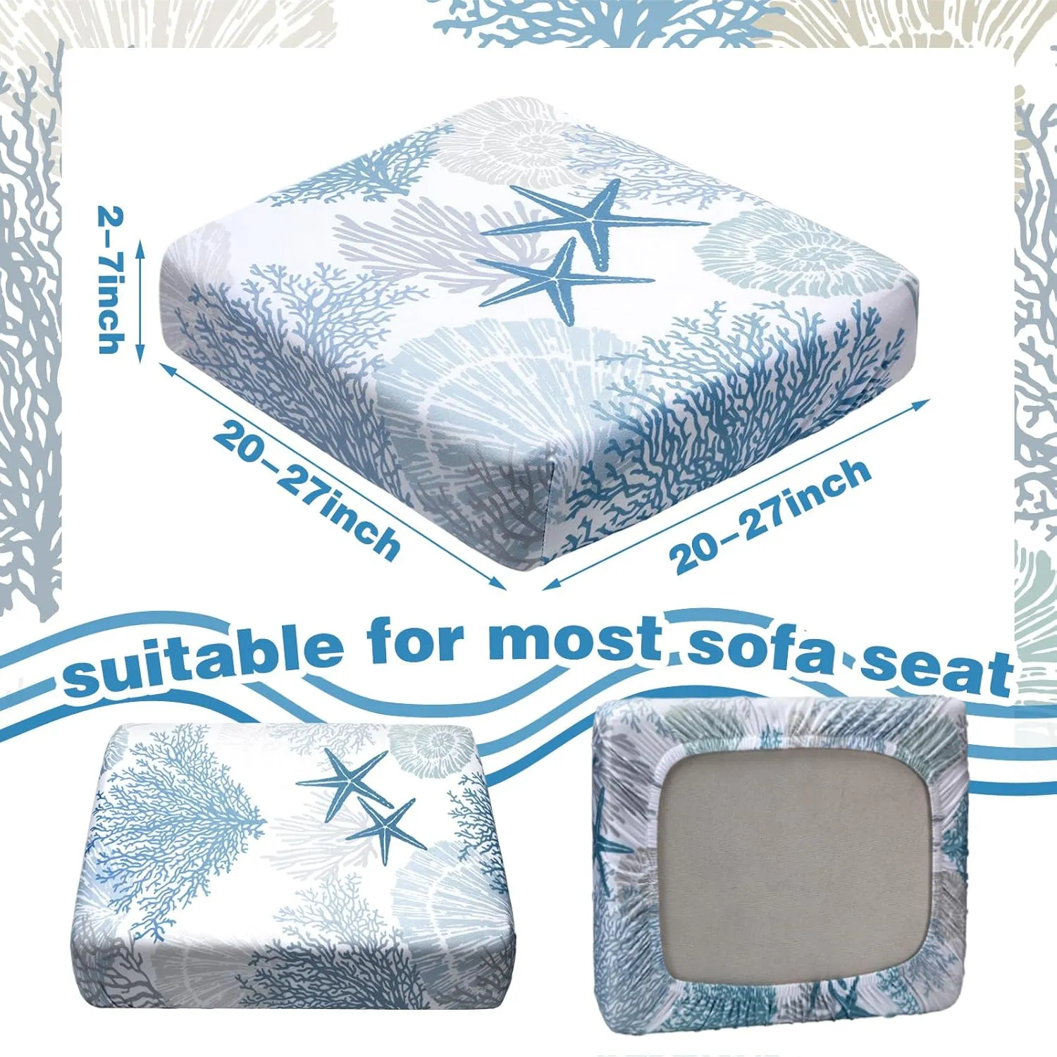 Hosuly 8 Pcs Summer Sofa Cushion Cover Patio Stretch Beach Outdoor Seat Cushions Covers Starfish Seashell Coral Replacement Couch Slipcovers Coastal Sofa Seat Cover Flexibility Chair Cushion Cover