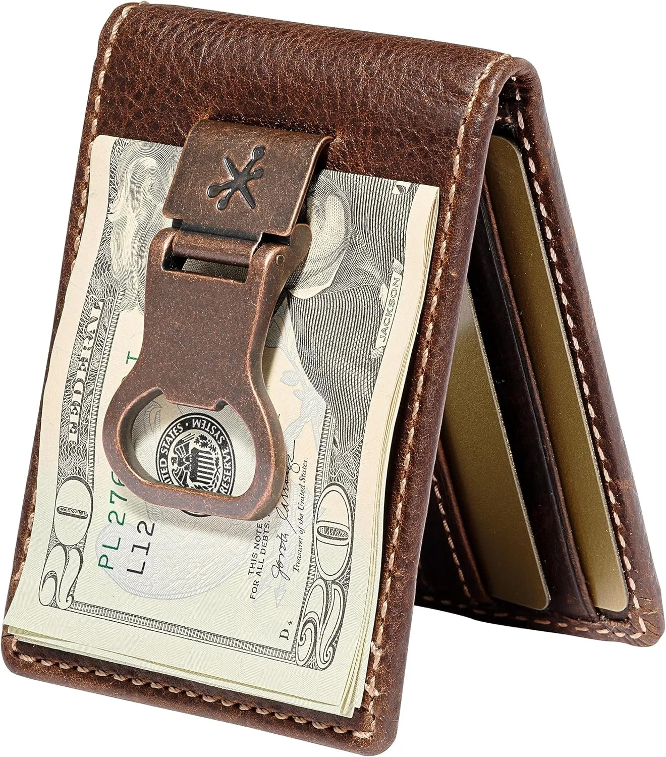House of Jack Co. Bottle Opener Bifold Money Clip Wallet for Men, Front Pocket Card Holder with Exterior ID Window, Full Grain Cowhide Leather, Brown