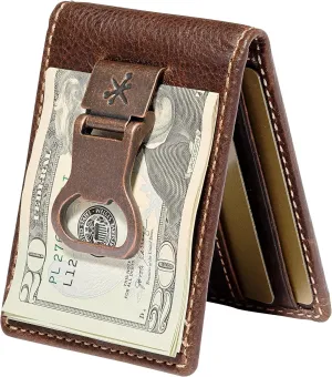 House of Jack Co. Bottle Opener Bifold Money Clip Wallet for Men, Front Pocket Card Holder with Exterior ID Window, Full Grain Cowhide Leather, Brown