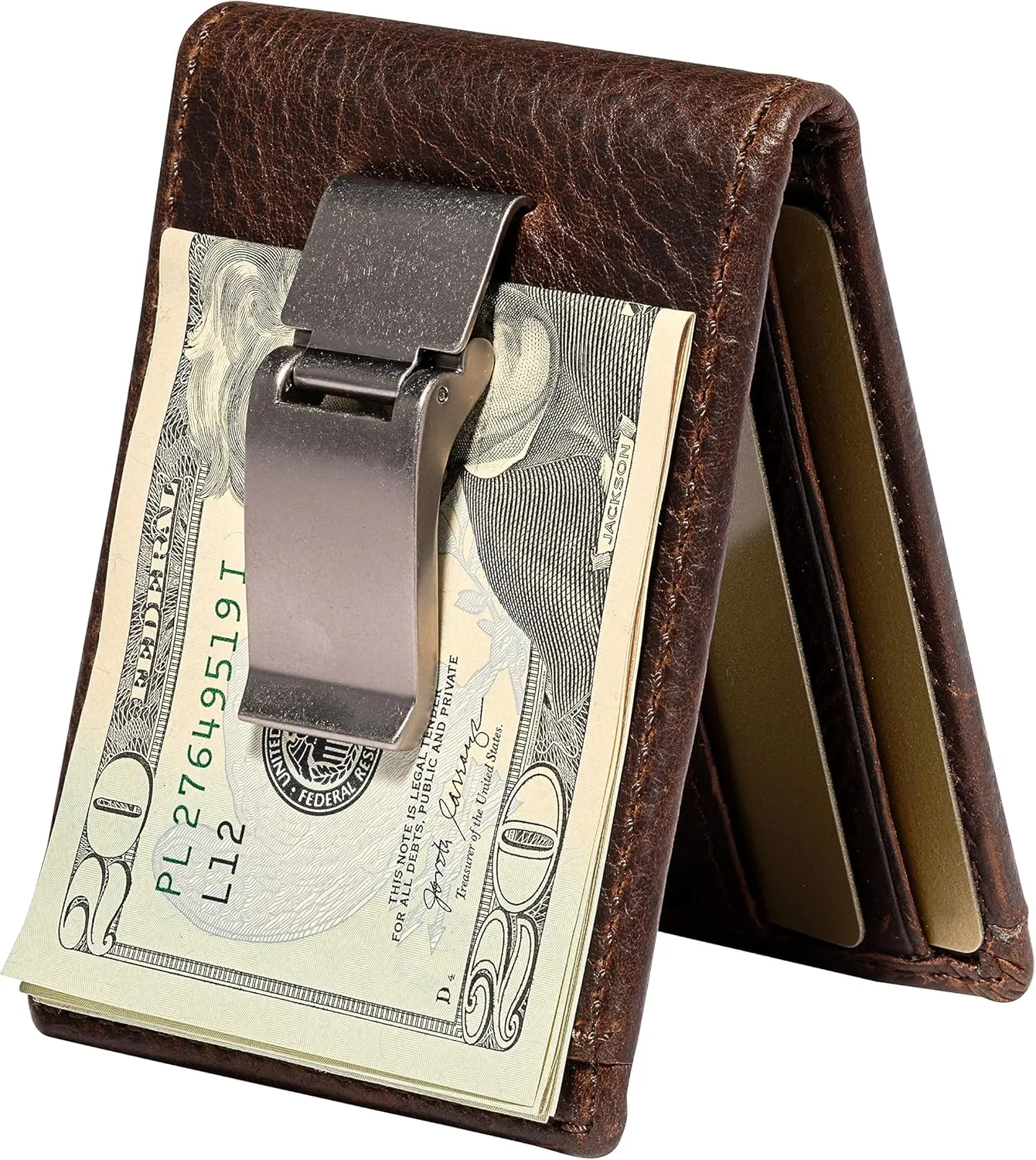 House of Jack Co. Deacon Bifold Money Clip Wallet for Men, Front Pocket Card Holder with Exterior ID Window, Full Grain Cowhide Leather Wallet, Brown