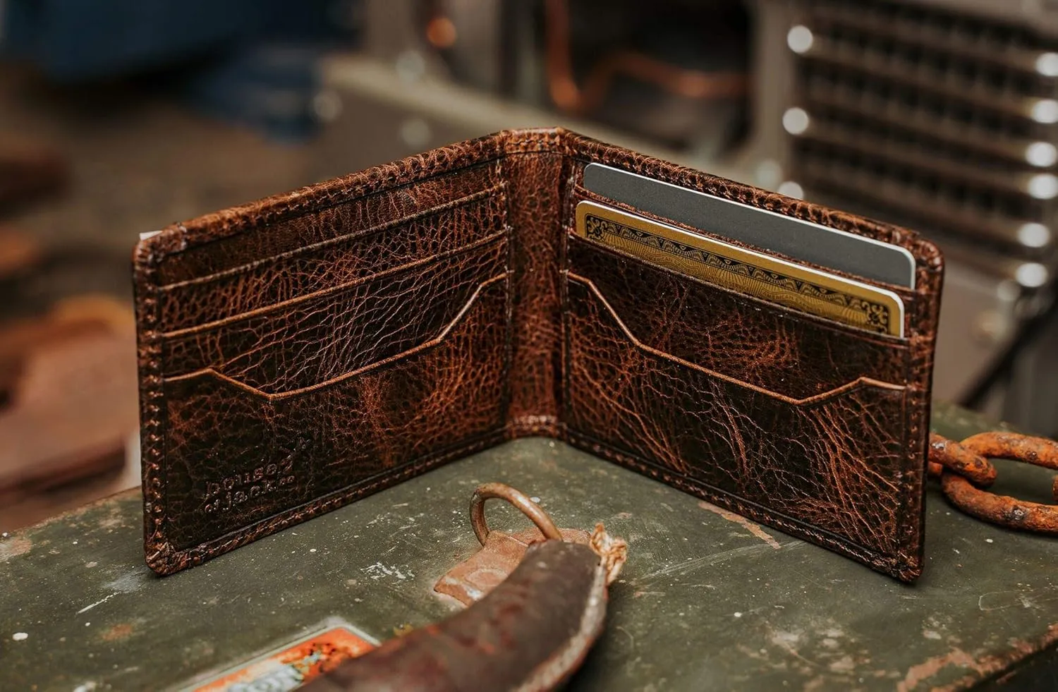 House of Jack Co. Deacon Bifold Money Clip Wallet for Men, Front Pocket Card Holder with Exterior ID Window, Full Grain Cowhide Leather Wallet, Brown