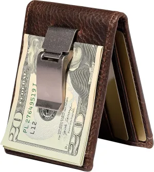 House of Jack Co. Deacon Bifold Money Clip Wallet for Men, Front Pocket Card Holder with Exterior ID Window, Full Grain Cowhide Leather Wallet, Brown