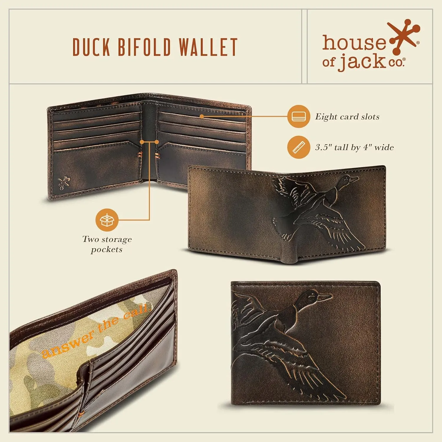 House of Jack Co. Duck Slim Bifold Wallet for Men and Outdoorsmen, Camou Lining, Full Grain Cowhide Leather Wallet, Black