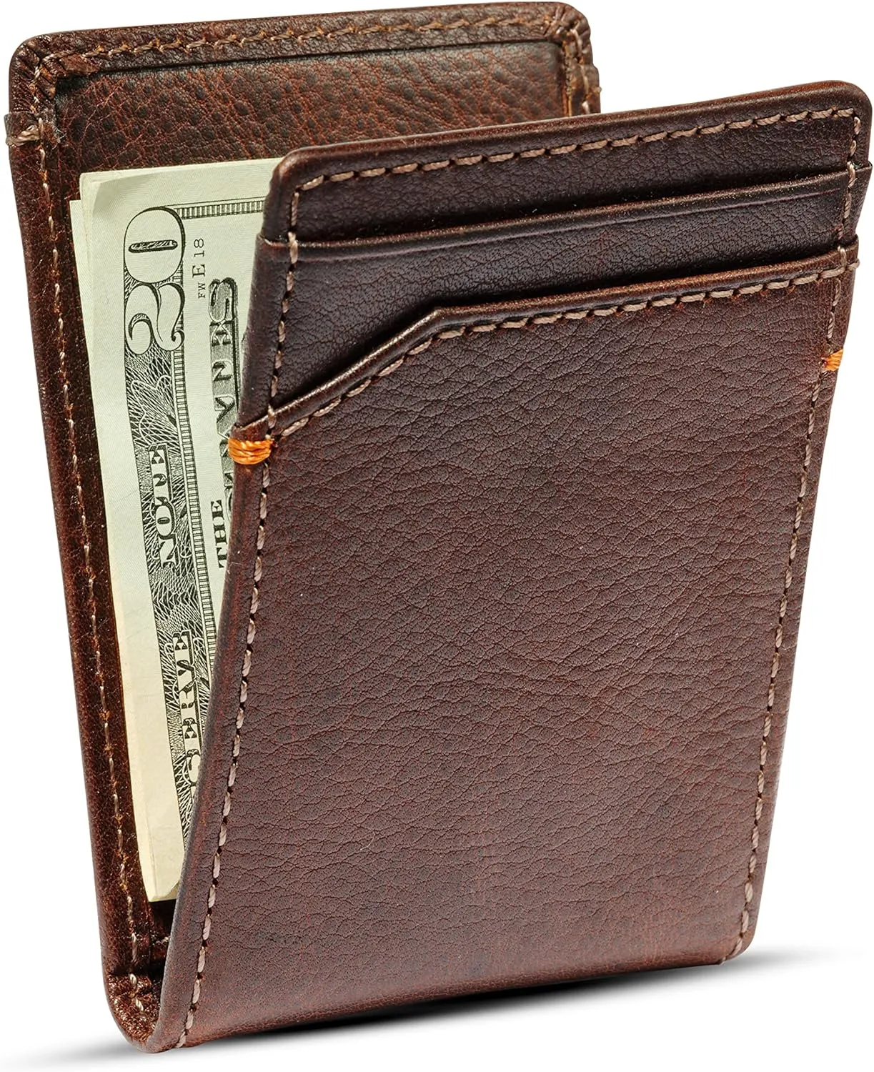 House of Jack Co. Jack Bifold Money Clip Wallet for Men, Strong Interior Magnetic Clip with Exterior ID Window, Full Grain Cowhide Slim Front Pocket, Brown