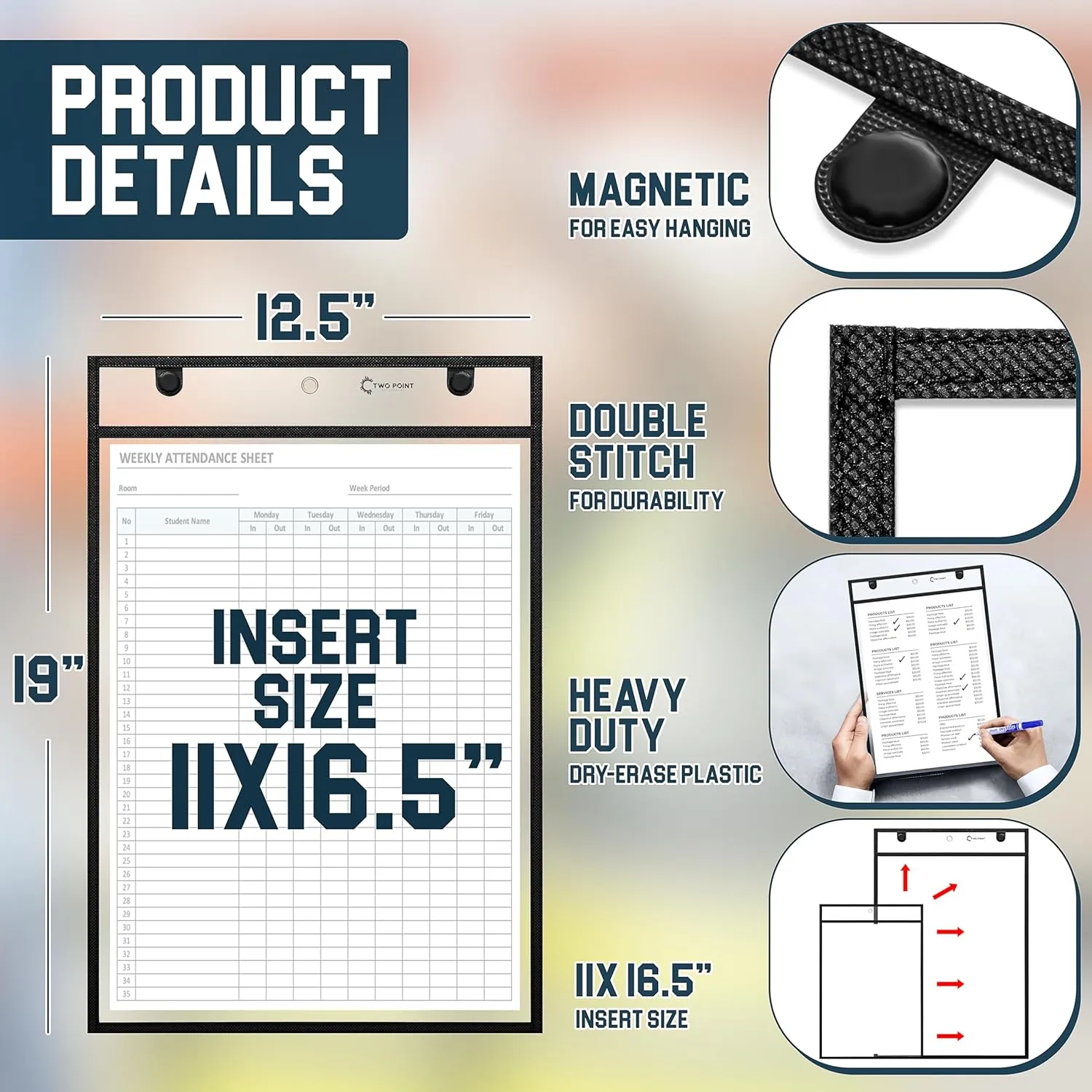 Huge Magnetic Dry Erase Pockets by Two Point (25-Pack) - Portrait - Large Fits 16.5 x 11 inch Pages | Dry Erase Sleeves | Stitched Heavy Duty | Job Ticket Holders | Clear Paper Sleeves