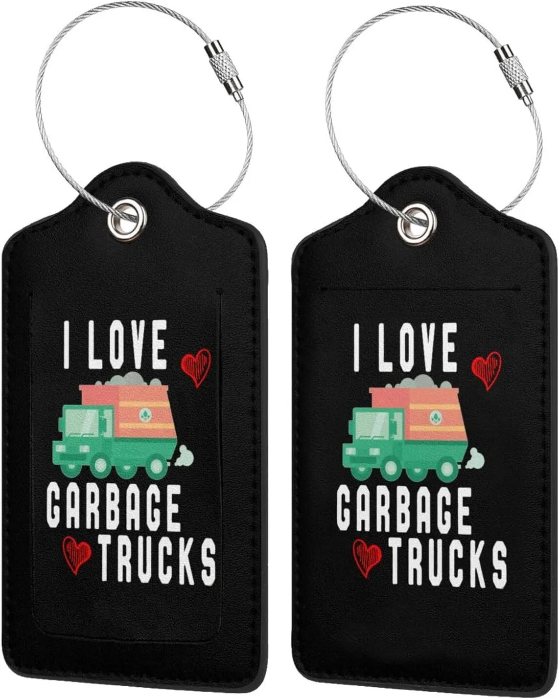 I Love Trash Garbage Trucks Luggage tag, Leather Stainless Steel Ring tag 2 PCS
