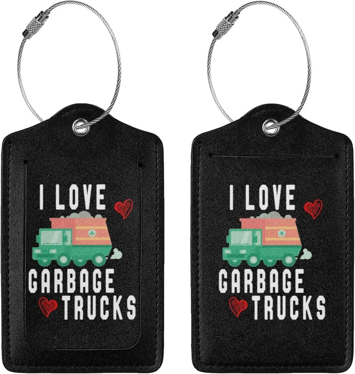 I Love Trash Garbage Trucks Luggage tag, Leather Stainless Steel Ring tag 2 PCS