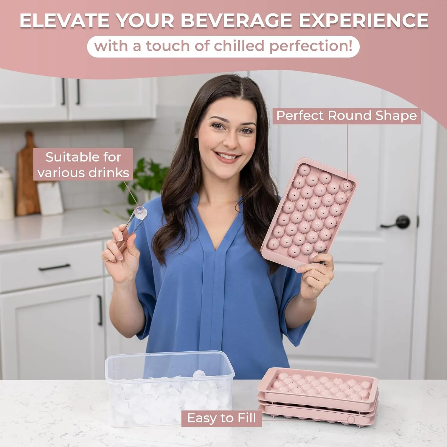 Ice Tray, (3 Pack) Small Ice Cube Tray (1 Inch) (Bin & Tong) (33 Cavities), Sphere Ice Molds For Iced Coffee, Beverages, Cocktails & Frozen Fruit, Suitable For All Occasions, Pink