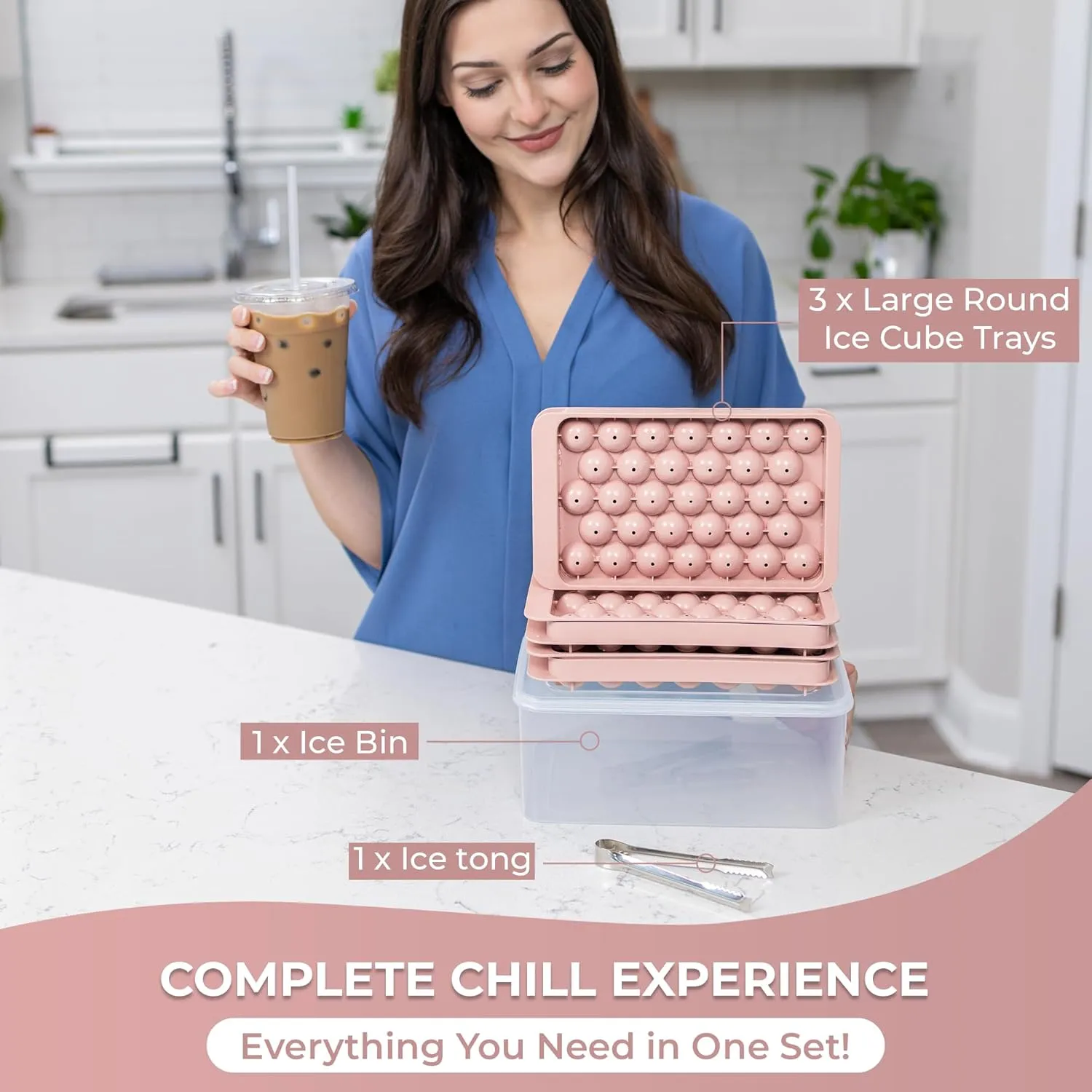 Ice Tray, (3 Pack) Small Ice Cube Tray (1 Inch) (Bin & Tong) (33 Cavities), Sphere Ice Molds For Iced Coffee, Beverages, Cocktails & Frozen Fruit, Suitable For All Occasions, Pink