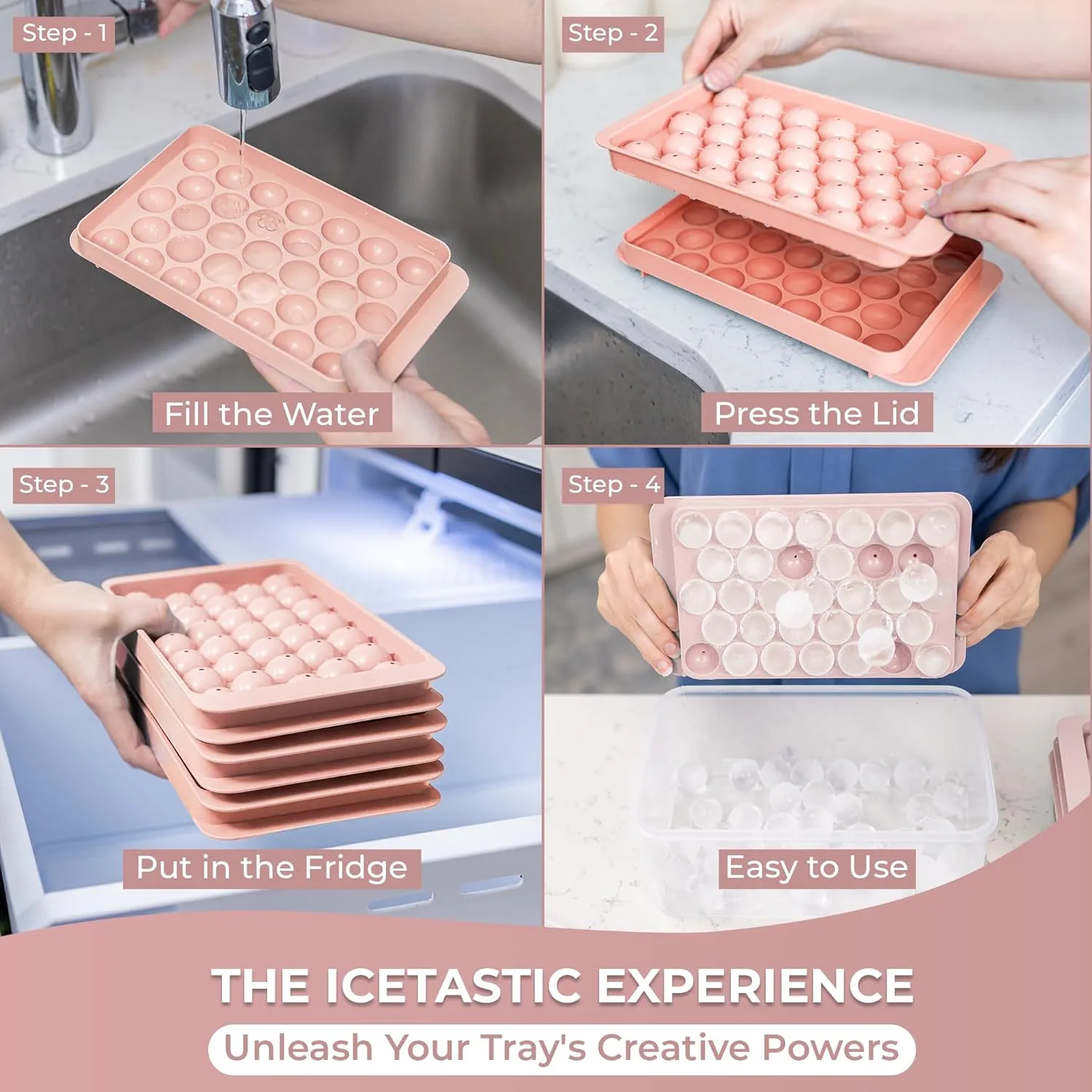 Ice Tray, (3 Pack) Small Ice Cube Tray (1 Inch) (Bin & Tong) (33 Cavities), Sphere Ice Molds For Iced Coffee, Beverages, Cocktails & Frozen Fruit, Suitable For All Occasions, Pink