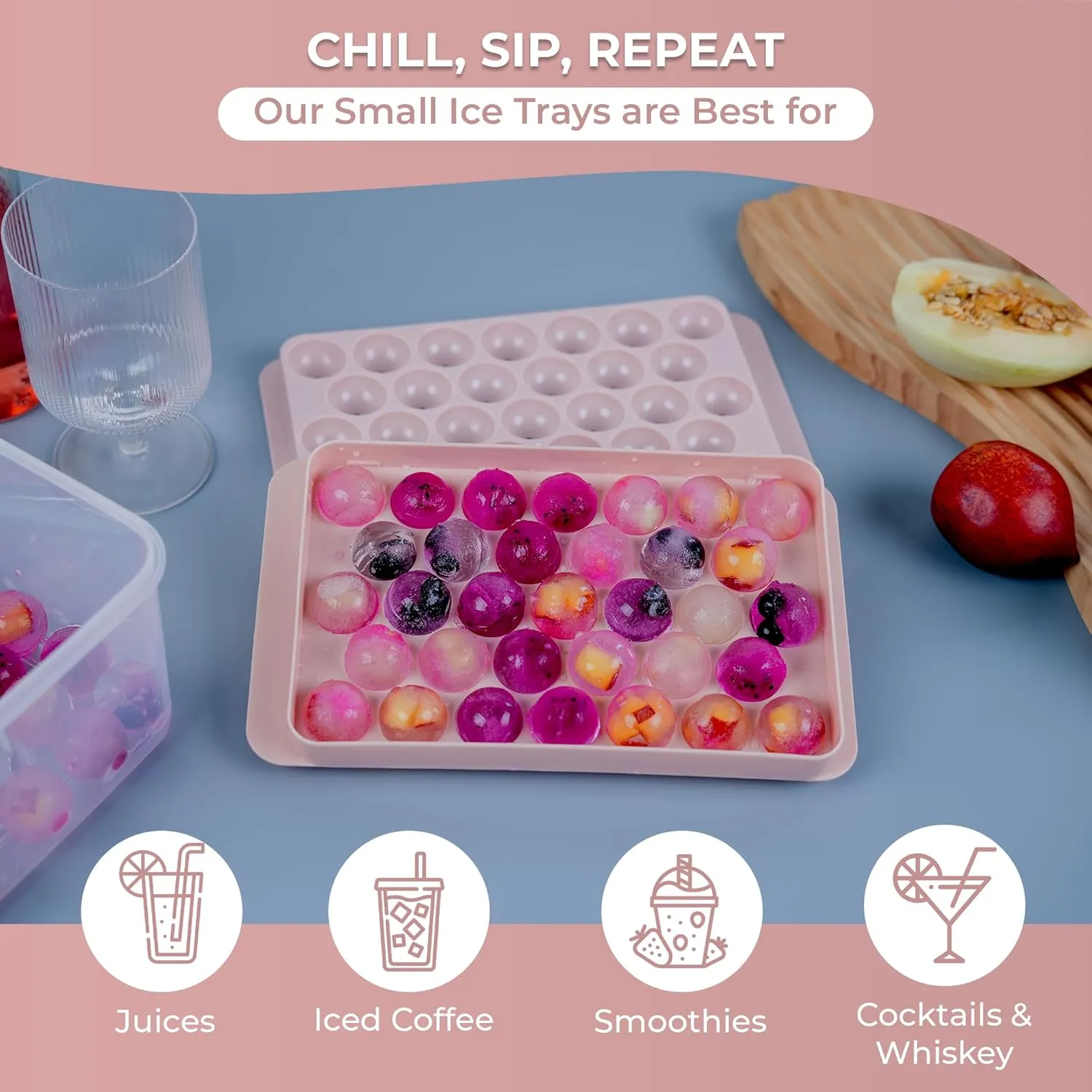 Ice Tray, (3 Pack) Small Ice Cube Tray (1 Inch) (Bin & Tong) (33 Cavities), Sphere Ice Molds For Iced Coffee, Beverages, Cocktails & Frozen Fruit, Suitable For All Occasions, Pink