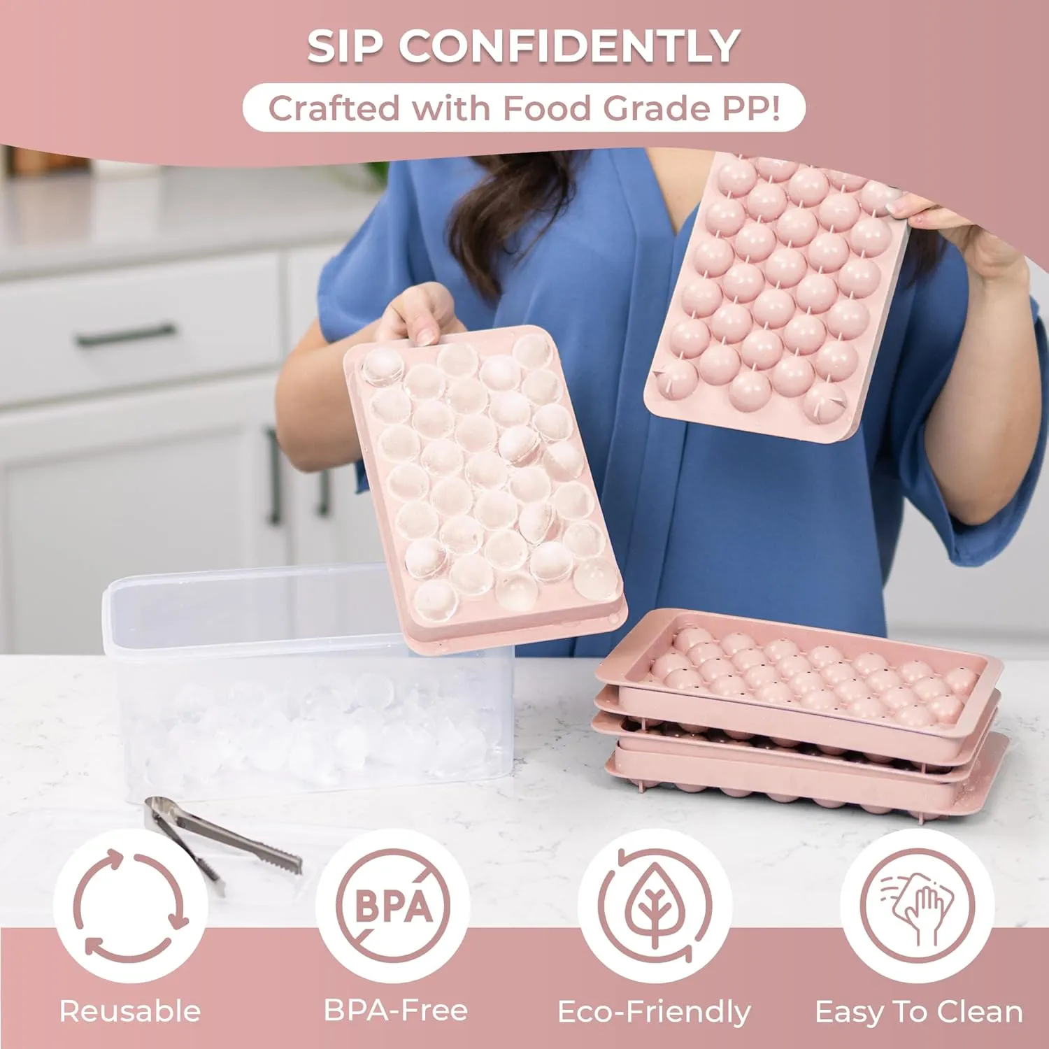Ice Tray, (3 Pack) Small Ice Cube Tray (1 Inch) (Bin & Tong) (33 Cavities), Sphere Ice Molds For Iced Coffee, Beverages, Cocktails & Frozen Fruit, Suitable For All Occasions, Pink
