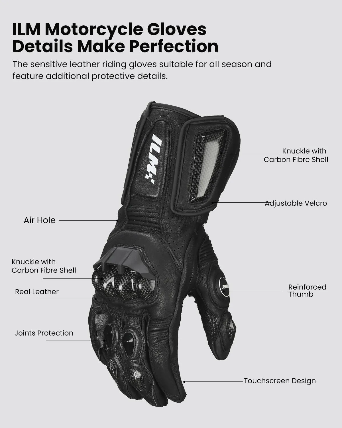 ILM Air Flow Leather Motorcycle Gloves for Men and Women Model-GRC01L (M, Black-Long)