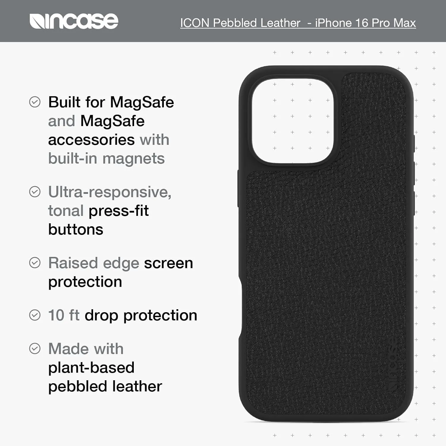 Incase ICON Case with Woolenex & MagSafe for iPhone 16 Pro Max - Durable, Stylish, Protective, Water-Resistant, Scratch - Resistant with Wireless Magsafe Charging - Obsidian Pebbled Plant Leather