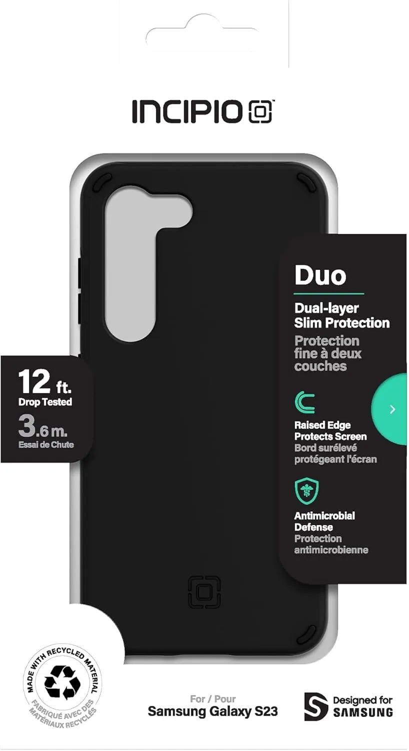 Incipio Duo Samsung Galaxy S23 Case - Slim, Dual-Layer & 12ft Drop Protection Phone Case - Scratch Resistant   5G & Wireless Charging Compatible - Made from Recycled Materials (Black)
