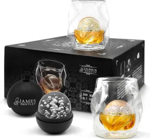JAMES BENTLEY Glass JB Whiskey Glass – Elevate your Drinking Experience with our Whiskey Set of 2 Hand Blown, Double Wall Glass Tumbler (6oz) with 2X Ice Ball Mold - Whiskey Glasses for Men