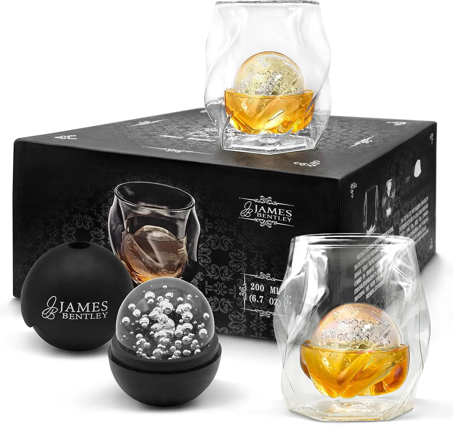 JAMES BENTLEY Glass JB Whiskey Glass – Elevate your Drinking Experience with our Whiskey Set of 2 Hand Blown, Double Wall Glass Tumbler (6oz) with 2X Ice Ball Mold - Whiskey Glasses for Men